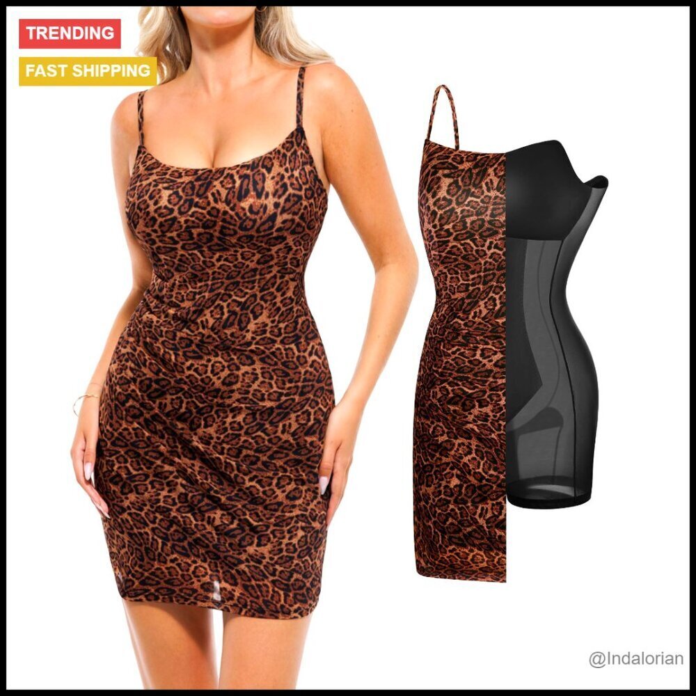 Mesh Bodycon Mini Dress with Built-In Shapewear Spaghetti Strap Ruched Waist
